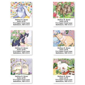 Six playful cat address label designs showing colorful feline illustrations alongside sample customized return address text.
