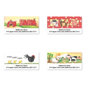 A grid of four farm-themed address labels showcasing illustrations of a barn, farm animals, and a country design next to custom text.