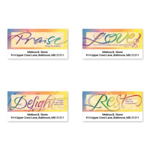 A grid of four pastel watercolor address labels featuring inspirational words 