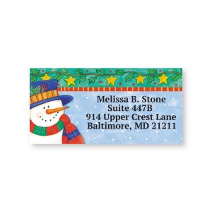 Holiday Snowman personalized address label featuring a cheerful snowman in a scarf against a snowy blue backdrop with customized return text.