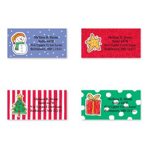 Four personalized Holiday Doo Dads address label designs featuring a snowman, ornament, Christmas tree, and wrapped gift box.