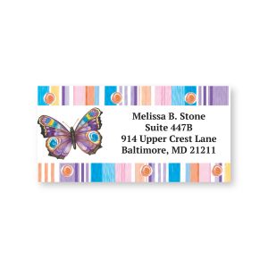 A personalized return address label featuring a colorful, detailed butterfly illustration against a vibrant blue, purple, and orange border.