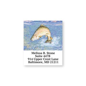 Rectangle address label featuring an illustration of a fish jumping out of water above customized name and return address text lines.
