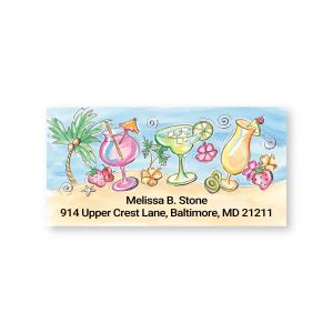 Personalized address label featuring colorful tropical drinks on a beach background above two lines of custom return address text.