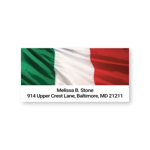 Single sheeted address label featuring a fluttering Italian flag background design with sample personalized name and return address text.