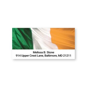 Rectangular address label featuring the green, white, and orange flag of Ireland above two lines of personalized name and address text.