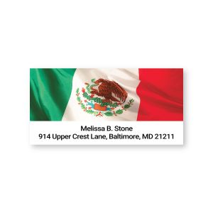 Rectangular personalized address label featuring the coat of arms and flag of Mexico above customized contact name and street address text.