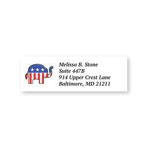 A personalized return address label featuring a blue and red Republican elephant graphic with three white stars next to custom text.