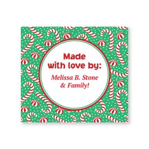 Festive green holiday label featuring a candy cane and peppermint border surrounding central text reading Made with love by: Melissa B. Stone & Family!