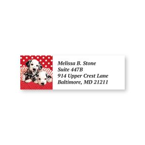Close-up of a Dalmatian address label featuring two Dalmatian puppies on a red polka dot border with four lines of custom printed text.