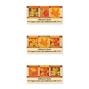 Rectangular fall leaves address label featuring autumn foliage graphics above two customizable lines of return name and address text.