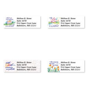 Four rectangular personalized address labels showcasing rotating faith-based quotes and colorful floral illustrations on a crisp background.