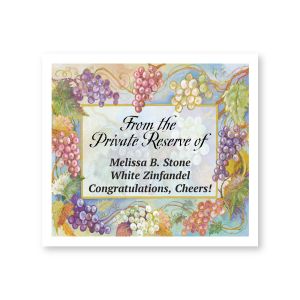 Personalized Bacchus wine label featuring a lush border of purple and green grapes, green leaves, and custom printed text on a light background.