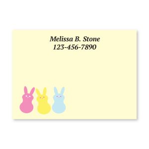 Personalized 4x3 Post-It note pad with three colorful marsh marshmallow bunny graphics along the bottom edge below custom text.