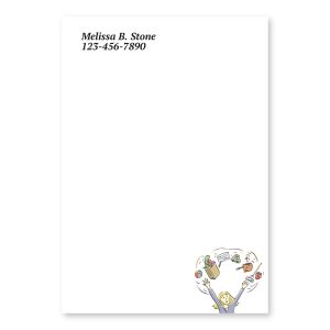 Personalized 4x6 Post-It pad featuring a colorful illustration of a multi-tasking woman juggling daily items above customized contact text.