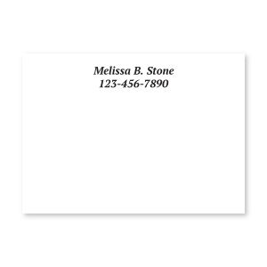 Single solid white 4x3 sticky note pad personalized with custom name and phone number printed centered at the top in a black font.