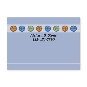 Paw Dots personalized 4x3 Post-it note pad in light blue featuring colorful paw print graphics across the top and custom name and phone number.