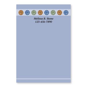 Personalized 4x6 blue Post-it note pad featuring a row of colorful paw print dots along the top edge above custom name and contact text.