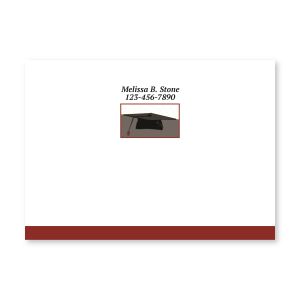 Personalized 4x3 Post-It note pad featuring a black graduation mortarboard cap graphic and customized name and phone number text.