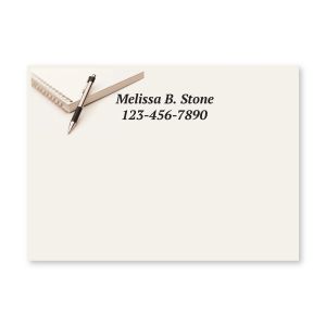 Personalized 4x3 Post-It note pad with a tablet and pen graphic in the top left corner beside custom name and phone number text.