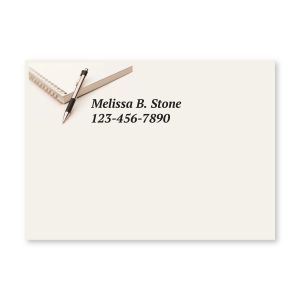 Personalized 4x3 Post-It note pad with a tablet and pen graphic in the top left corner beside custom name and phone number text.