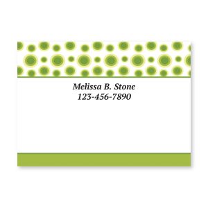 Personalized 4x3 Post-It note pad featuring a lime green polka dot border accent with customized contact name and phone number text.