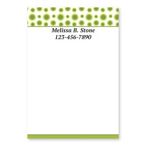 Personalized 4x6 Post-it Note pad featuring a lime green polka dot header, custom name and phone number, and a green bottom accent bar.