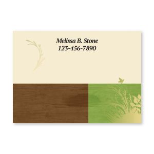 A 4x3 personalized Post-it note pad featuring a nature-inspired design with green grass, flying birds, and two lines of custom header text.