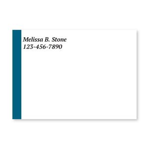 Personalized white 4x3 Post-it note featuring a bold blue vertical left border with custom text and phone number printed in the upper corner.