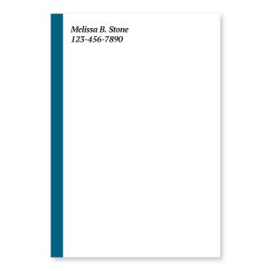 Single personalized 4x6 Post-it note pad featuring a thick blue left border accent alongside custom name and phone number text.