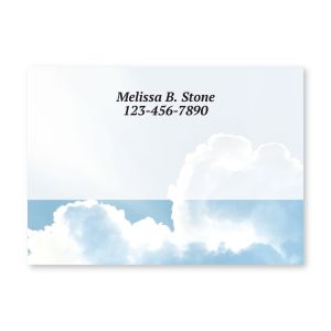 Personalized 4x3 Post-it Note featuring a soft blue sky and fluffy white clouds, custom-printed with a two-line name and phone number.