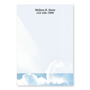 Personalized Clouds 4x6 Post-it note pad featuring fluffy blue sky cloud artwork along the bottom and custom printed text at the top.