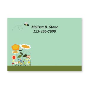 A 4x3 personalized Post-it note pad featuring a light green background, colorful garden flowers, a bumble bee, and custom text lines.