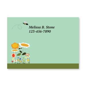 A 4x3 personalized Post-it note pad featuring a light green background, colorful garden flowers, a bumble bee, and custom text lines.