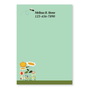Light green 4x6 personalized Post-it note pad featuring a bumblebee trailing dotted flight lines above custom contact information.