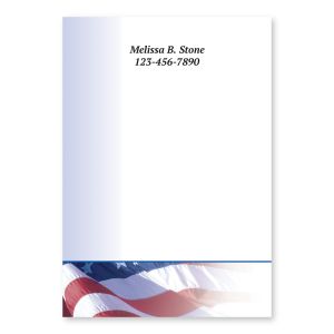 Personalized 4x6 Post-it note pad featuring a waving American flag graphic along the bottom edge and custom two-line contact information text at the top.