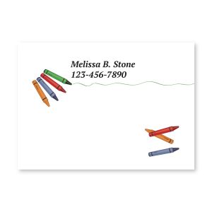 Personalized 4x3 Post-It note pad featuring a colorful set of crayons graphic along the top edge above custom contact text.