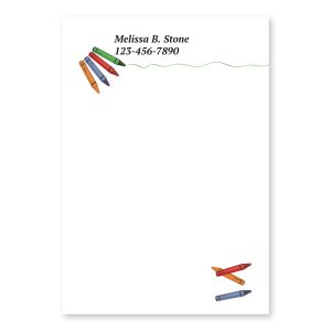 A 4x6 personalized Post-it note pad featuring colorful crayon illustrations at the corners and customizable name and phone number text lines.