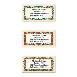 Personalized holiday address label featuring a lush green evergreen pine branch and red berry border around customized return address text.