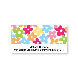 Single sheeted address label featuring colorful graphic daisy flowers in green, pink, yellow, and blue with custom return address text.