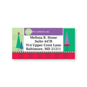 Rectangular holiday address label featuring festive Christmas trees and a purple Merry Christmas box with customized return address text.
