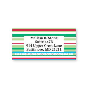Rectangular holiday address label featuring festive red and green horizontal stripes with 
