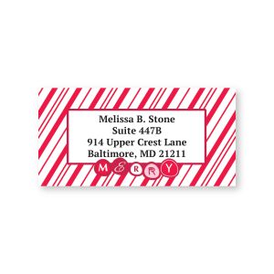 Rectangular address label with red candy cane stripes and 