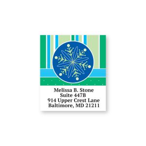 Rectangular winter address label featuring a blue snowflake icon over green striped patterns above customizable return address text.