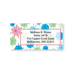 Mid-century modern starburst address label featuring colorful retro geometric ornaments around personalized return address text.