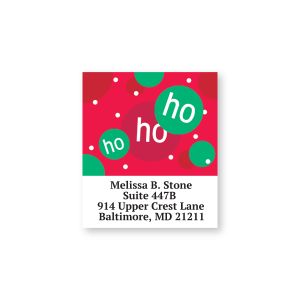 Rectangular Christmas address label featuring playful white ho ho ho text in green circles on a red polka dot background above custom text.