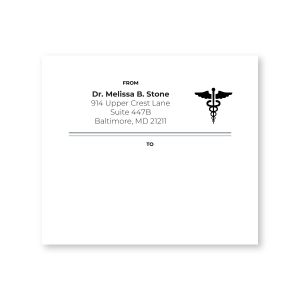 Rectangular medical shipping label featuring a caduceus symbol, customized return address under 