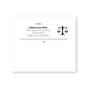 Rectangular white legal shipping label with Scales of Justice icon, customizable return address text, and dedicated space for recipient info.