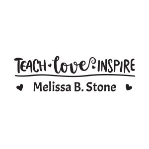 Teach Love Inspire stamp impression featuring heart graphics, script text reading 