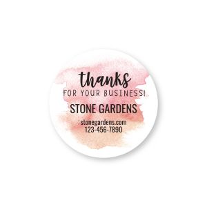 Single round pink watercolor sticker reading thanks for your business above customizable business name and contact information.